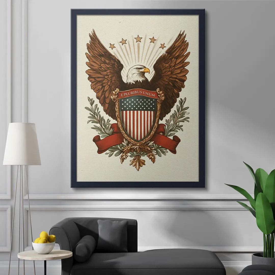 Corner shot showing the dark blue archival frame and mounting of the historic 'Eagle - Shield' poster.