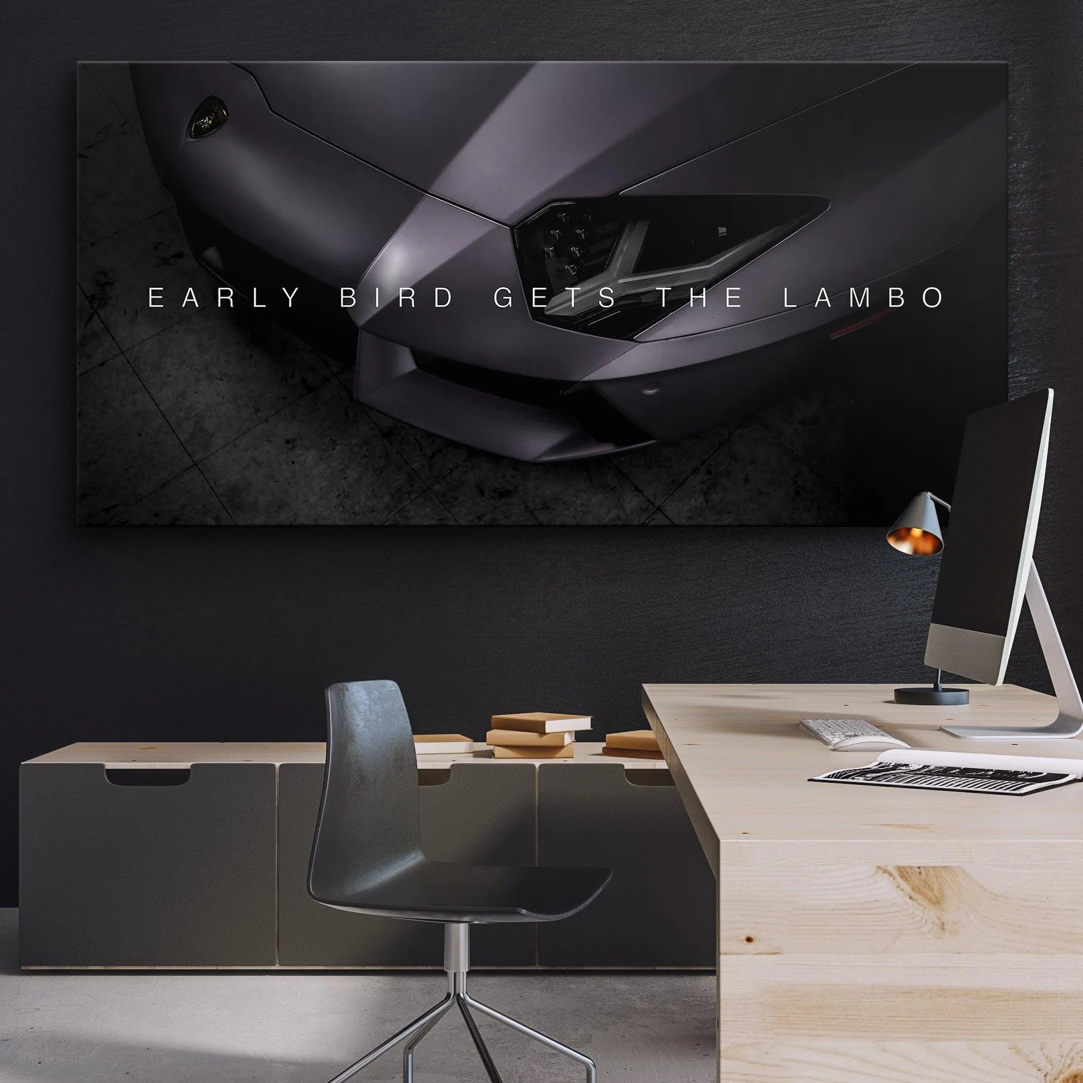 Lifestyle presentation of the Early Bird wall art mounted prominently in a modern home office setting.