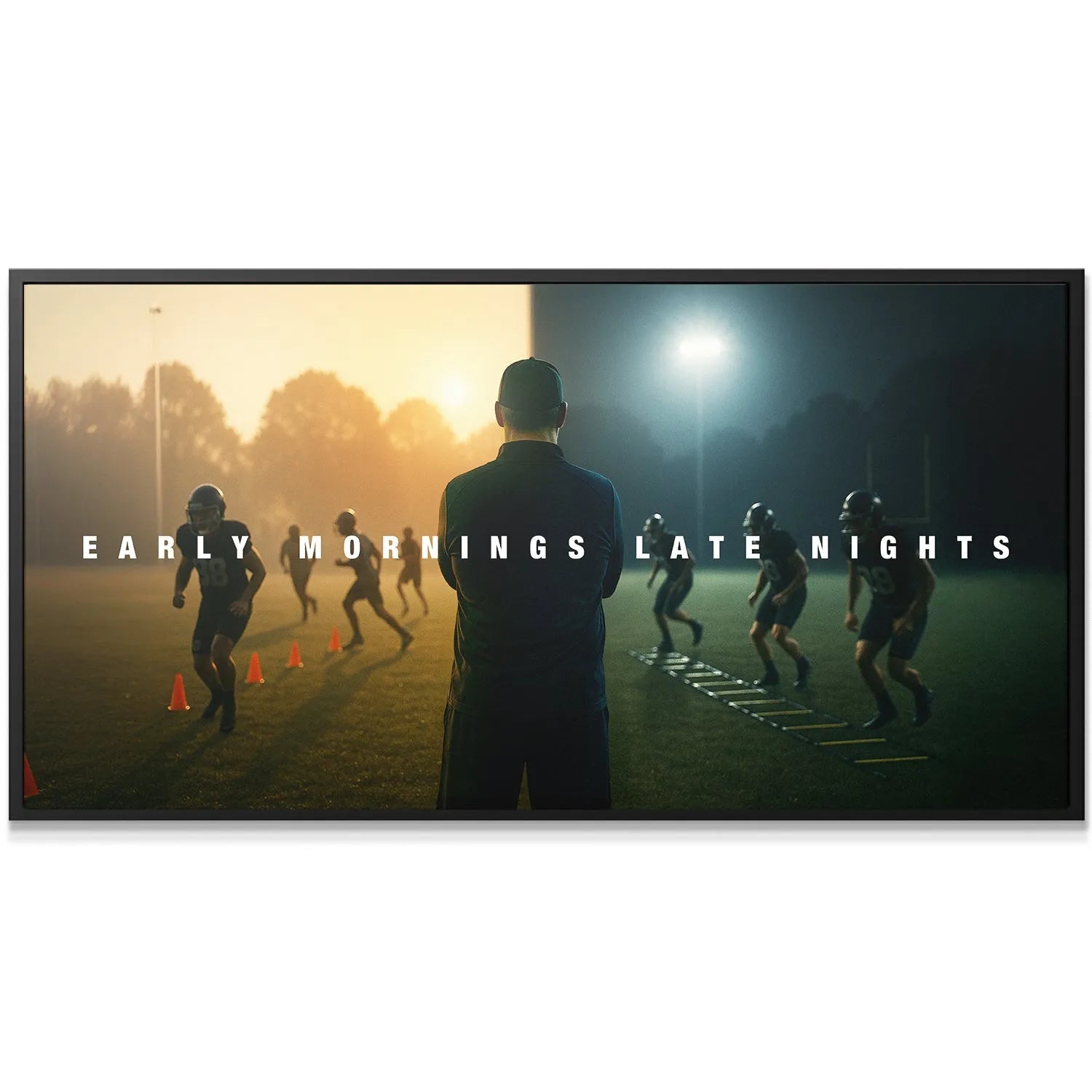 Panoramic split-view showing sunrise drills on the left and floodlit practice on the right, summarizing Early Mornings Late Nights.