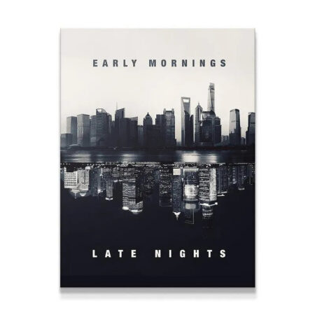 High-resolution print of 'Early Mornings. Late Nights. (B&W)' emphasizing the texture and deep blacks of the canvas.