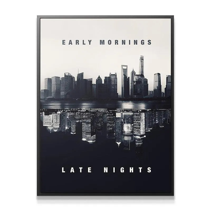 Close-up detail of the illuminated building reflection featured in 'Early Mornings. Late Nights. (B&W)' artwork.