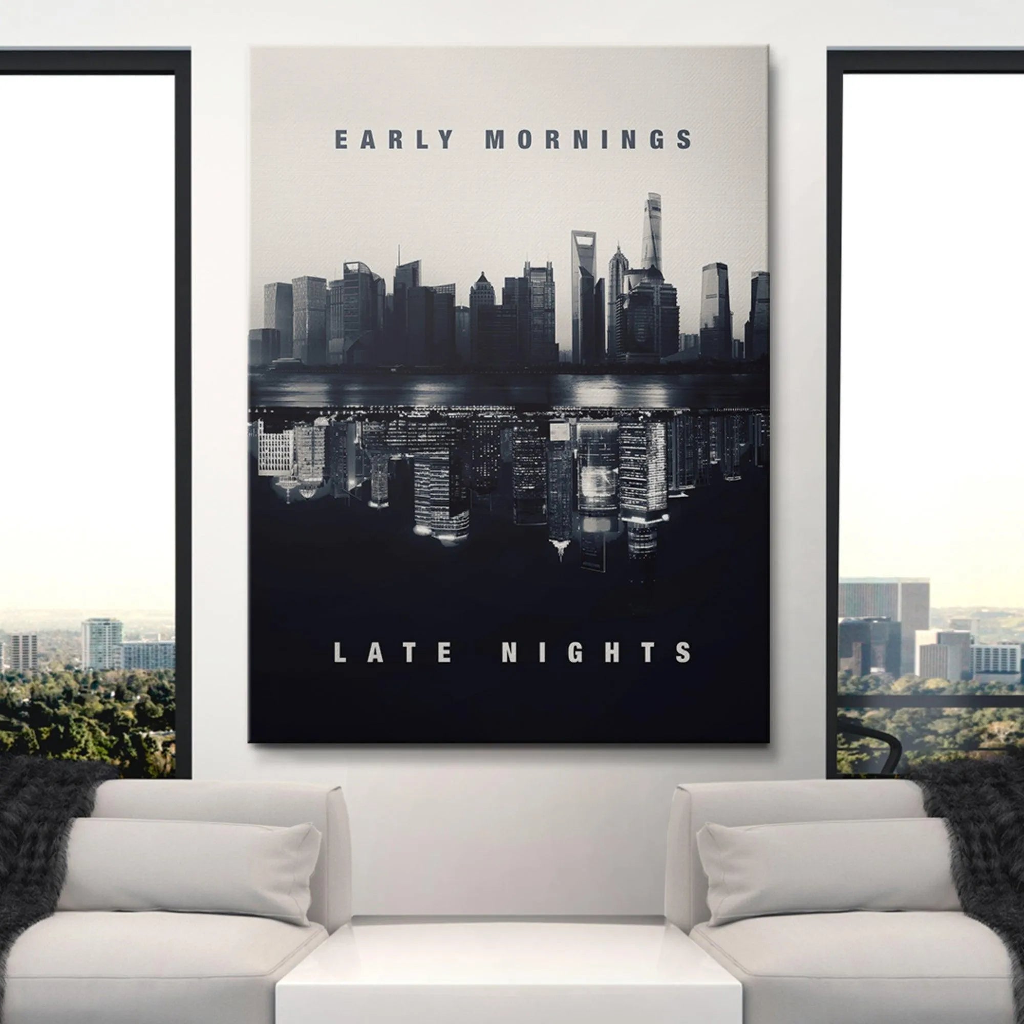 Vertical orientation view of the striking black and white contrast defining the cityscape in 'Early Mornings. Late Nights. (B&W)'.