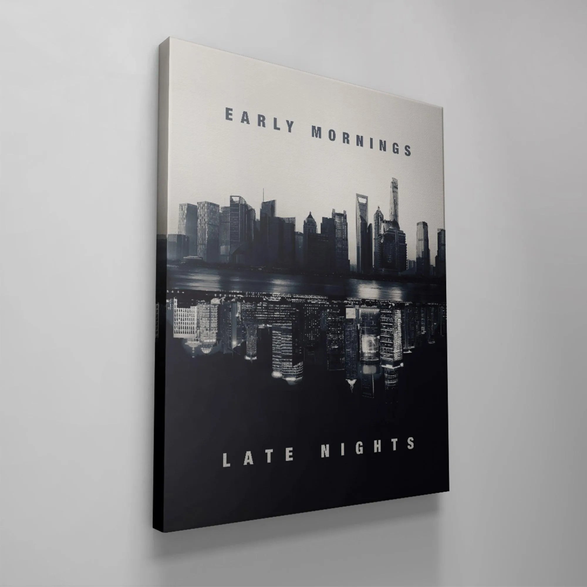 Reflection half of the illustration showing the vibrant city lights and 'LATE NIGHTS' text in 'Early Mornings. Late Nights. (B&W)'.