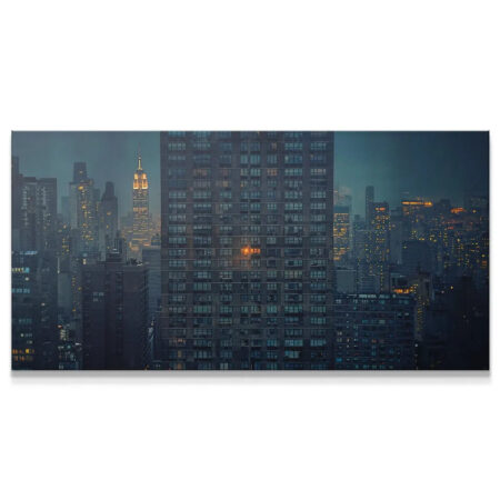 Panoramic view of the New York cityscape featuring the canvas titled Early Mornings, Late Nights (No Quote) in dark, moody tones.