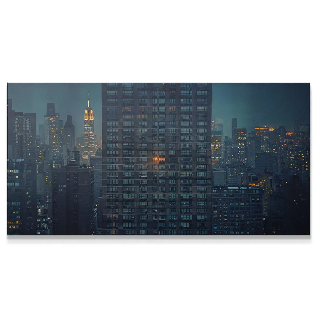 Panoramic view of the New York cityscape featuring the canvas titled Early Mornings, Late Nights (No Quote) in dark, moody tones.
