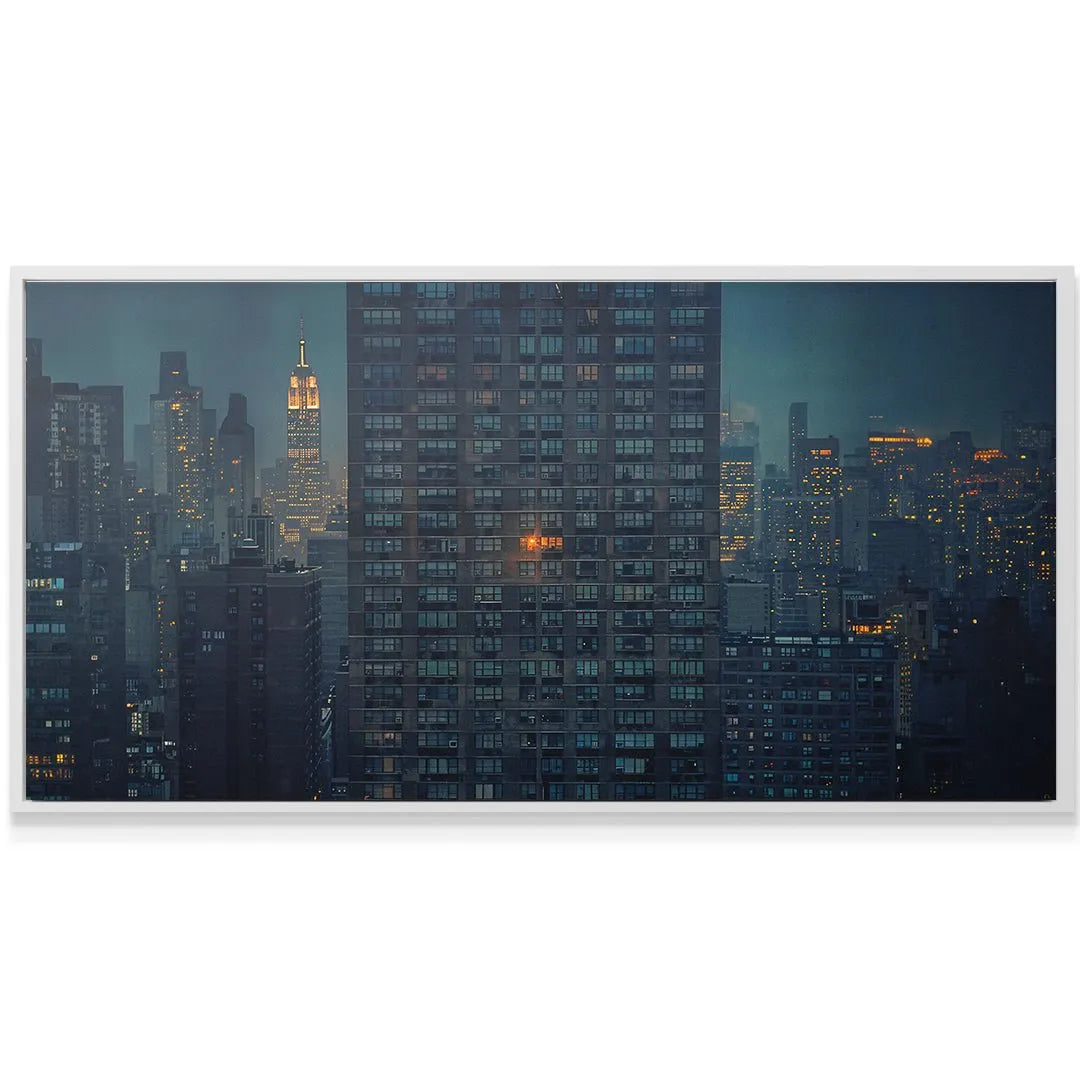 Textured canvas print showing the distant Empire State Building skyline within Early Mornings, Late Nights (No Quote) artwork.