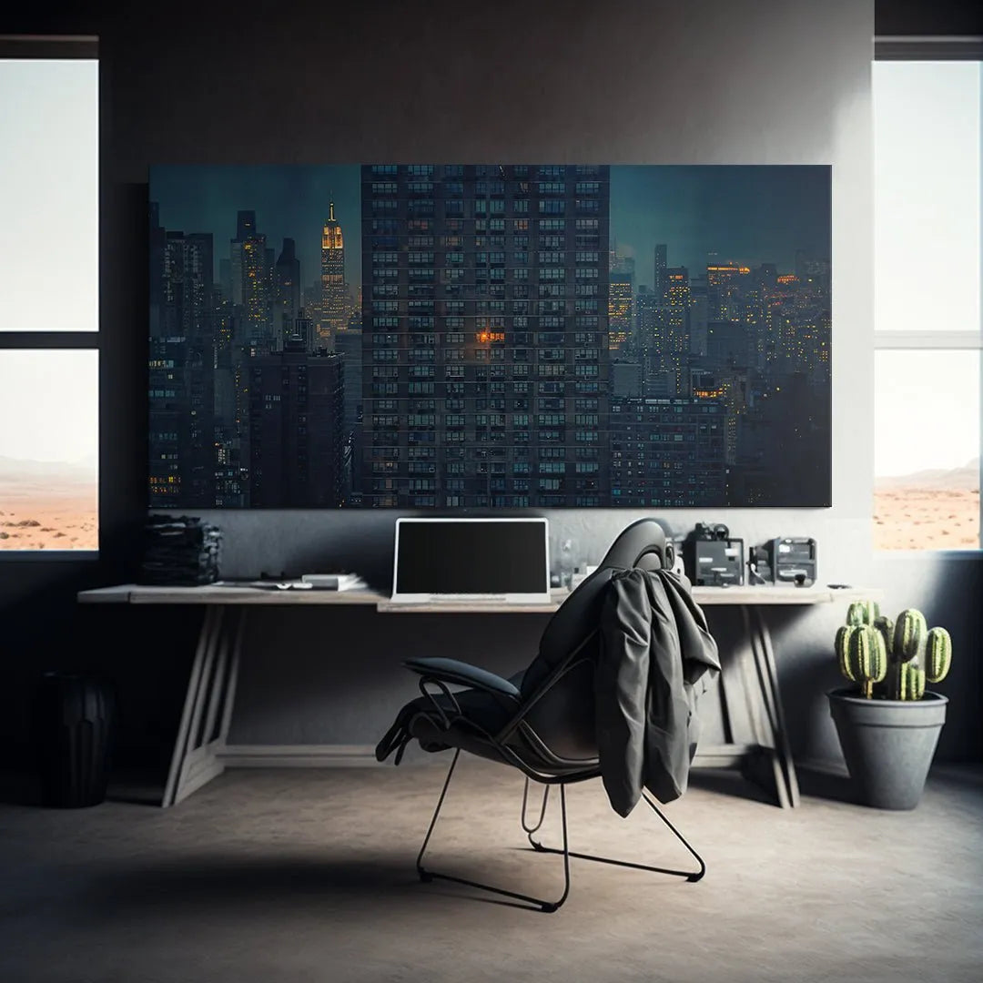 Lifestyle shot of the moody urban art Early Mornings, Late Nights (No Quote) displayed above a minimalist office desk.