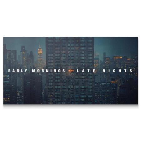 Panoramic view of the cinematic city skyline canvas, Early Mornings, Late Nights (Wide).