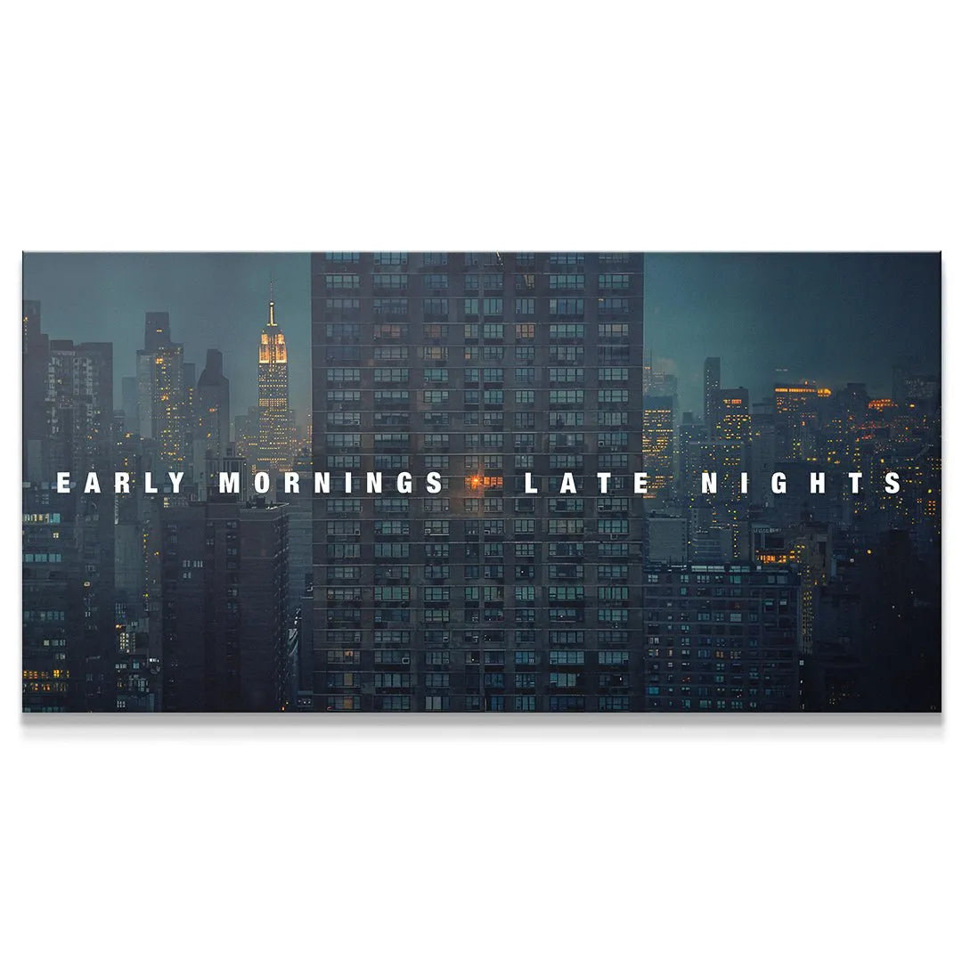 Panoramic view of the cinematic city skyline canvas, Early Mornings, Late Nights (Wide).