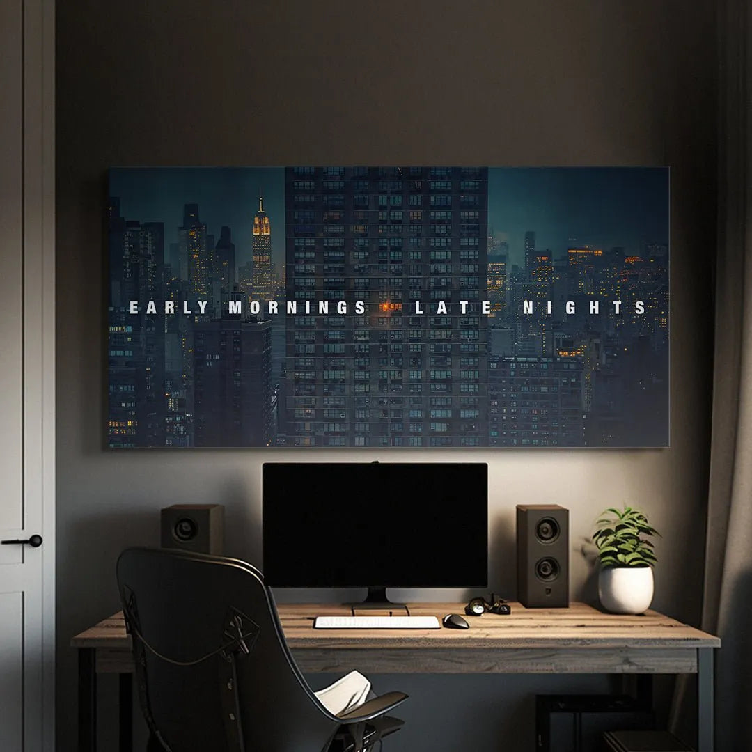 Moody, dark blue and gray color palette of the urban landscape print, Early Mornings, Late Nights (Wide).