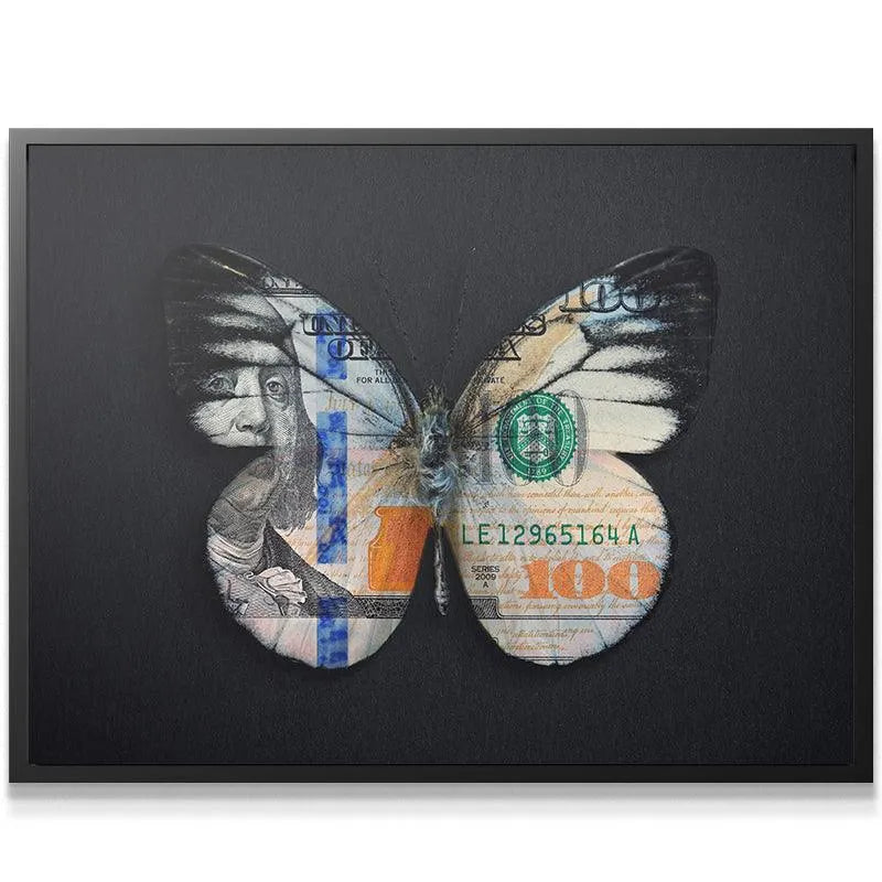 Close-up detail of the butterfly wings showing Benjamin Franklin's face, symbolizing 'Earn Your Wings'.