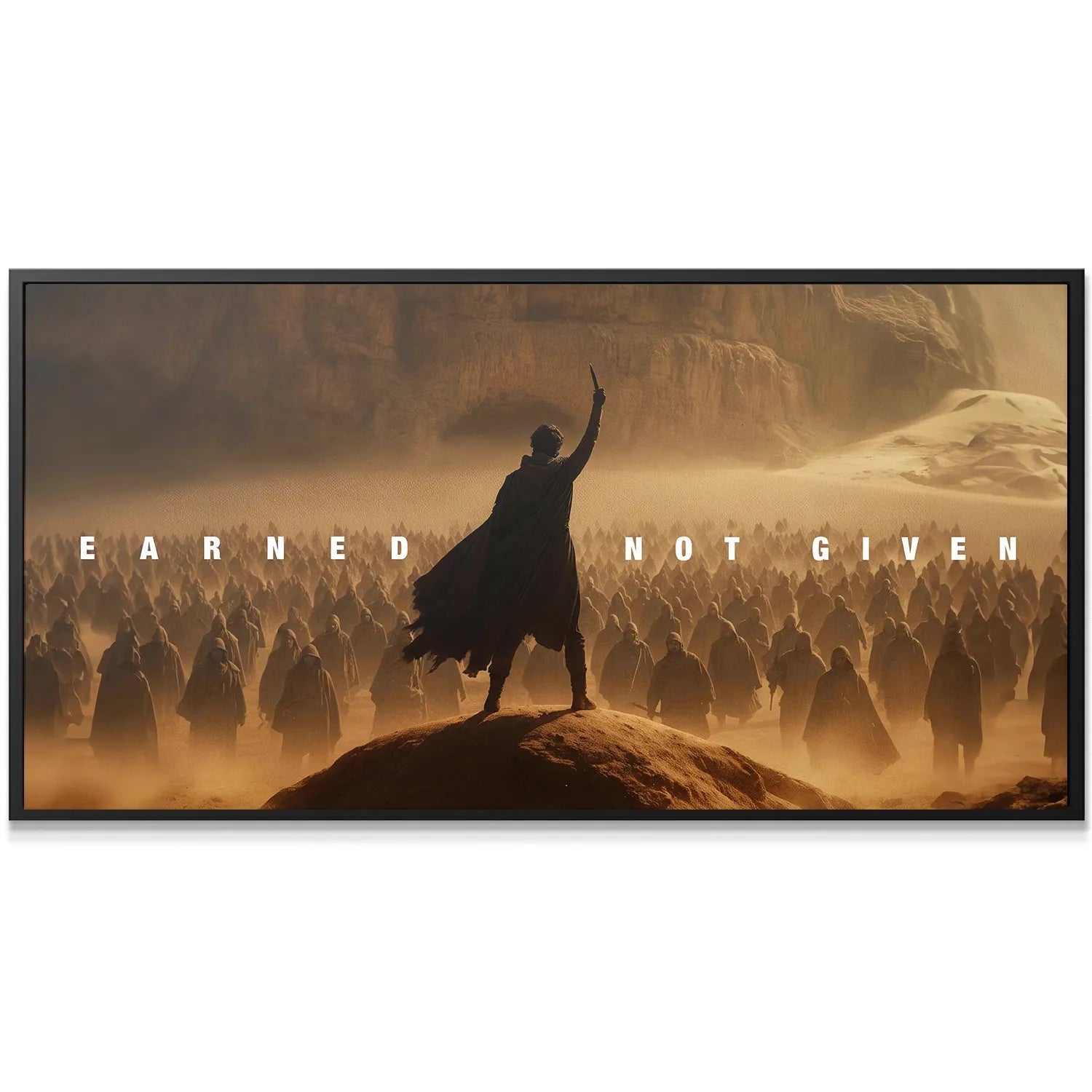 Close-up of the cloaked leader raising a weapon on the dune, highlighting the resolve of 'Earned Not Given'.