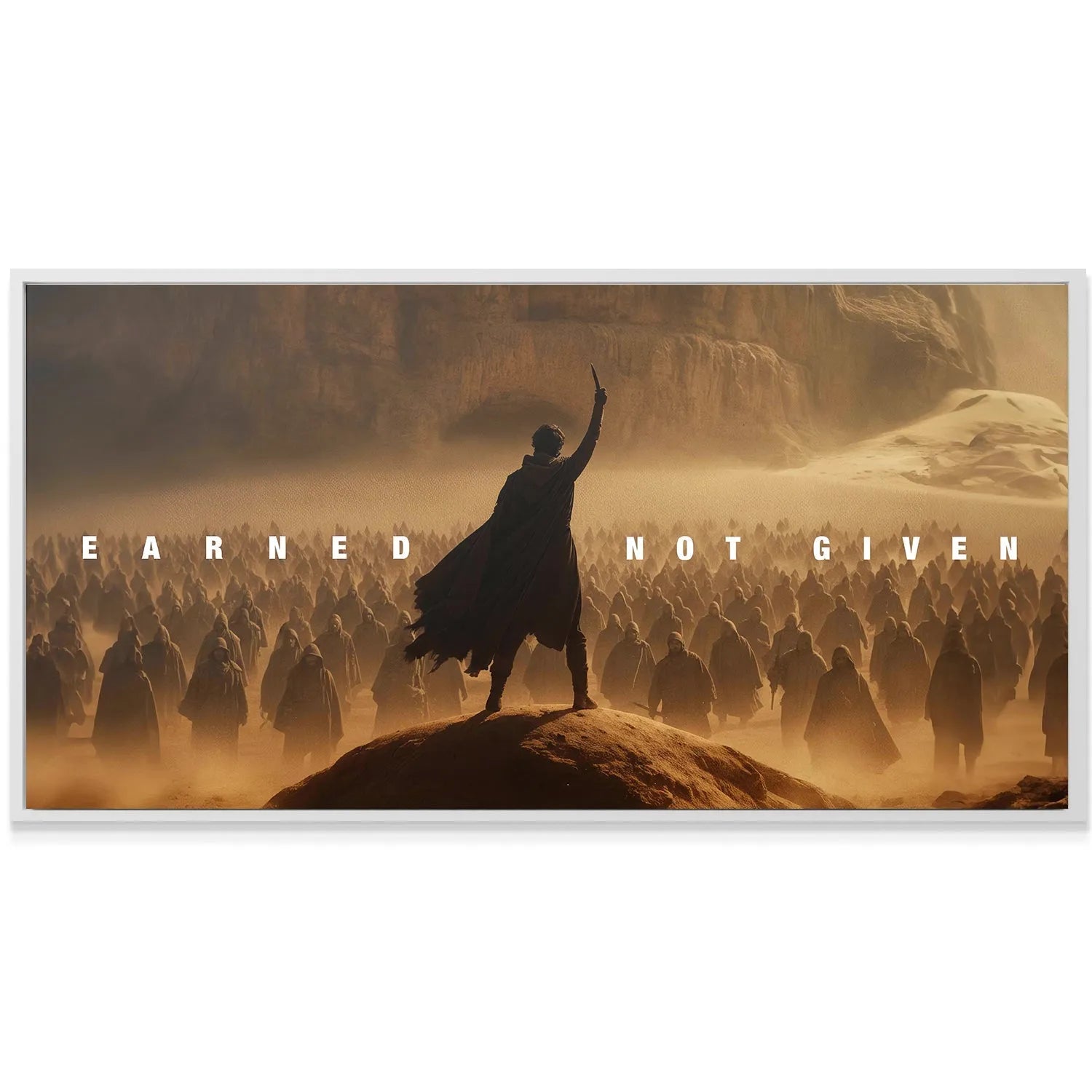 Medium shot focusing on the dusty, orange-hued texture of the desert environment in 'Earned Not Given' artwork.
