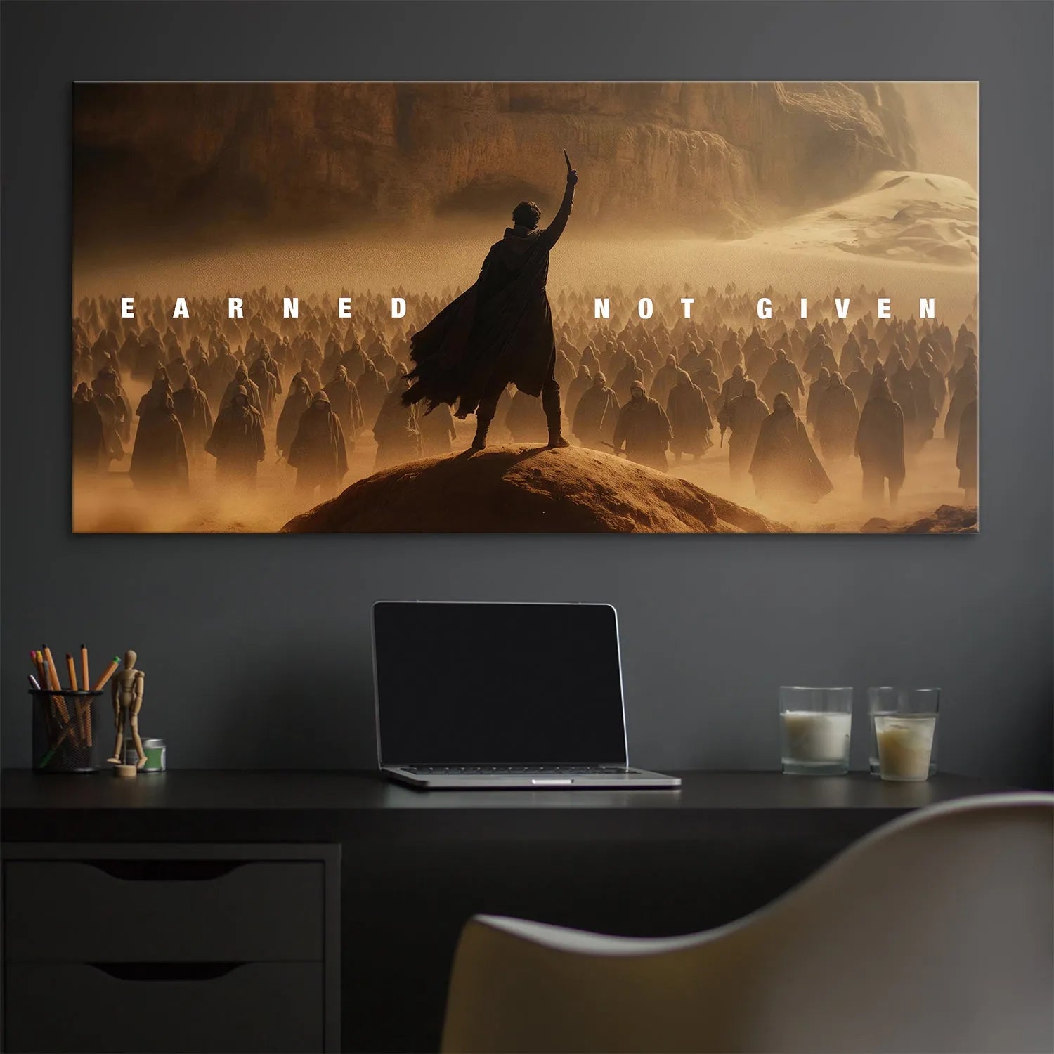 Detailed view of the army of shrouded figures marching behind the protagonist, reinforcing the theme of 'Earned Not Given'.
