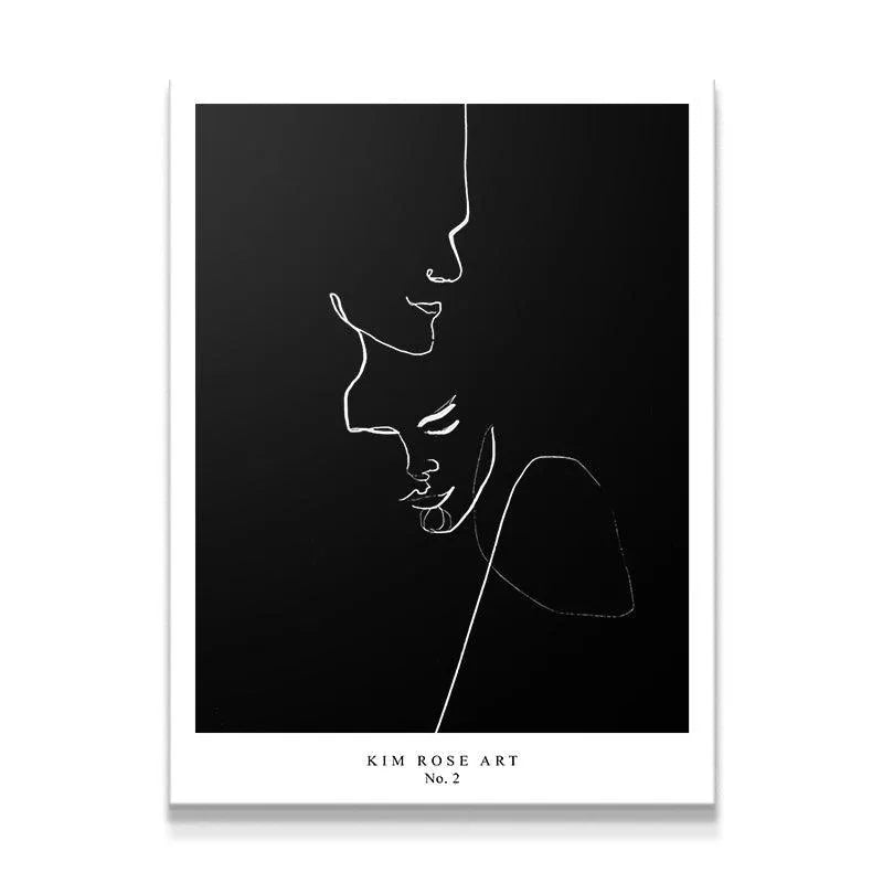 Main product shot of 'Embrace - Black' minimalist abstract print featuring two faces.