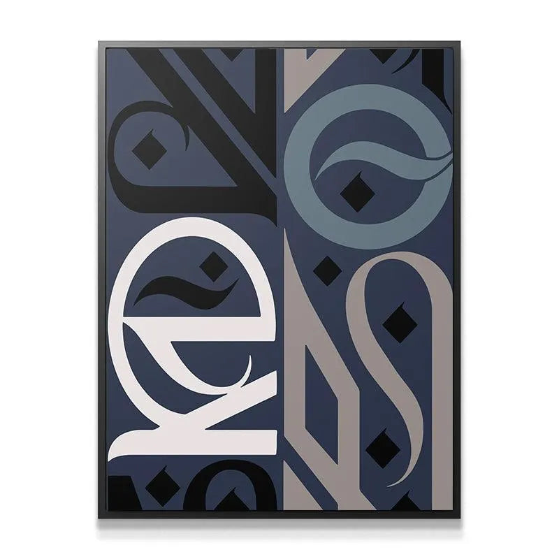 Close-up detail showing the sharp lines and cream-colored glyphs of 'Embrace Deep Blue' artwork.