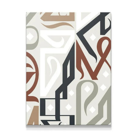 Full view of the 'Embrace Earth' abstract canvas showing the complex typographic pattern.