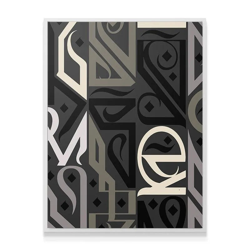 Textured view of the cream and charcoal typographic elements within 'Embrace Gold'.