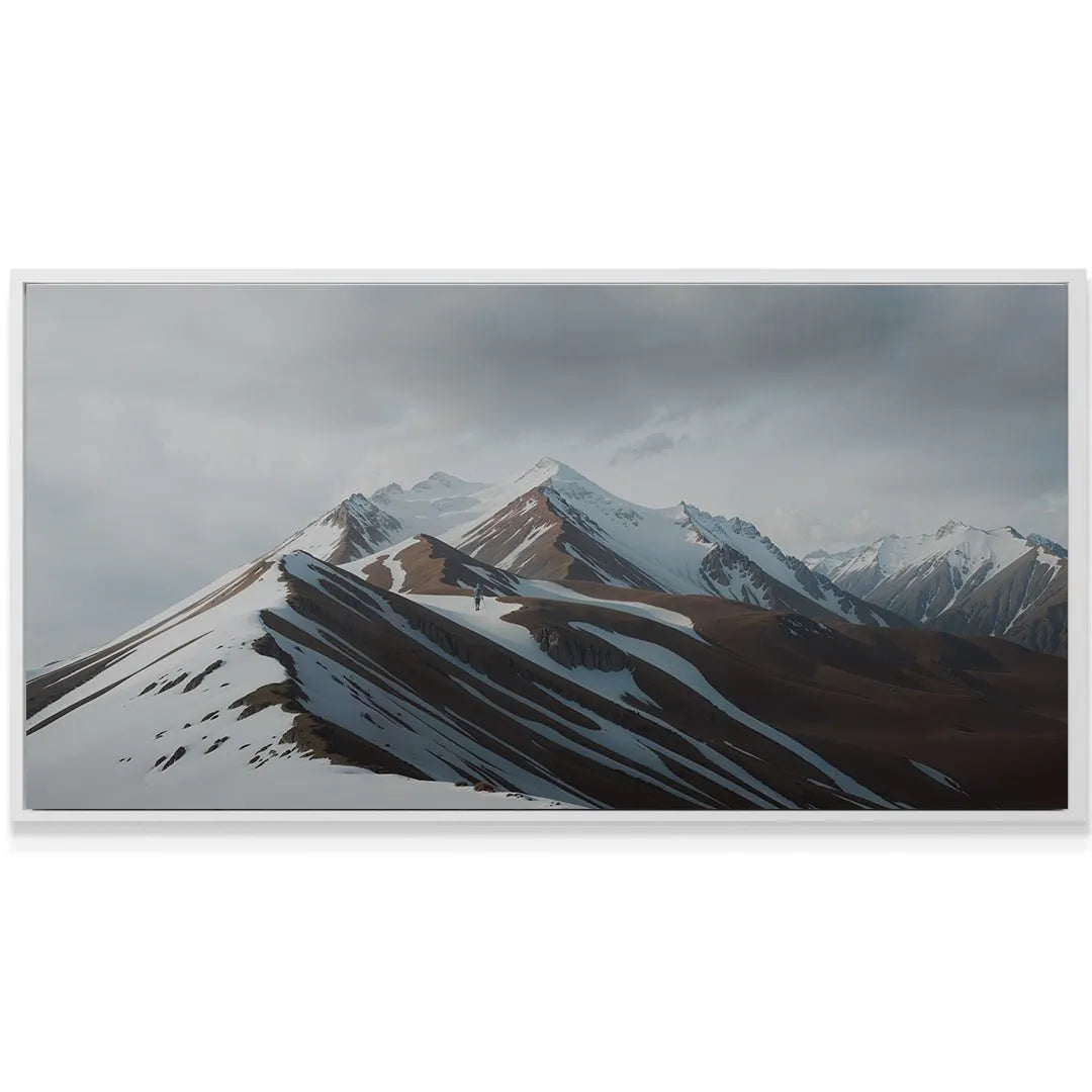 Wide shot featuring the dramatic contrast between brown earth and pristine white snow slopes in Embrace The Journey (No Quote) print.