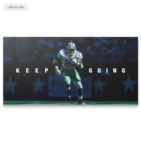 Motivational sports canvas featuring Emmitt Smith - Keep Going running with the football under stadium lights.