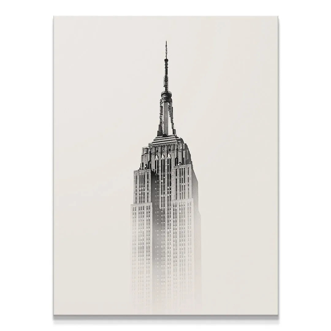 Minimalist black and white canvas art focusing on the top spire of the Empire State.