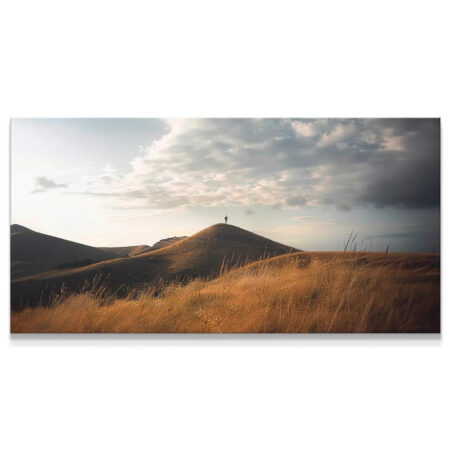 Wide panoramic view of golden hills and dramatic clouds titled Empty Fields.