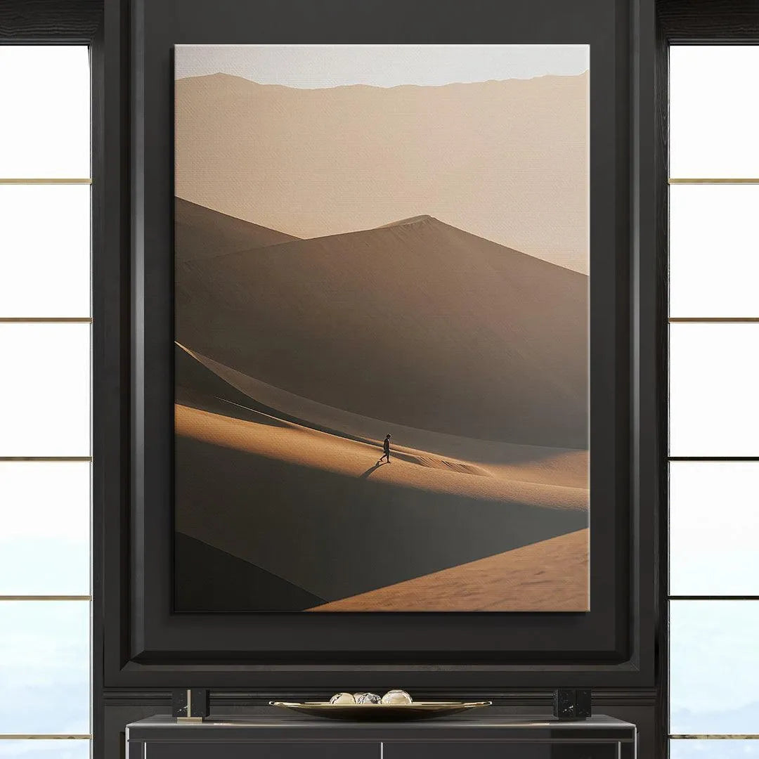 Vertical orientation of the 'Endless Sands' canvas highlighting the contrast between the pale sky and dark shadows.