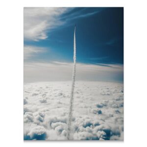 Vertical rocket launch artwork titled 'Escape Velocity' viewed from high altitude.