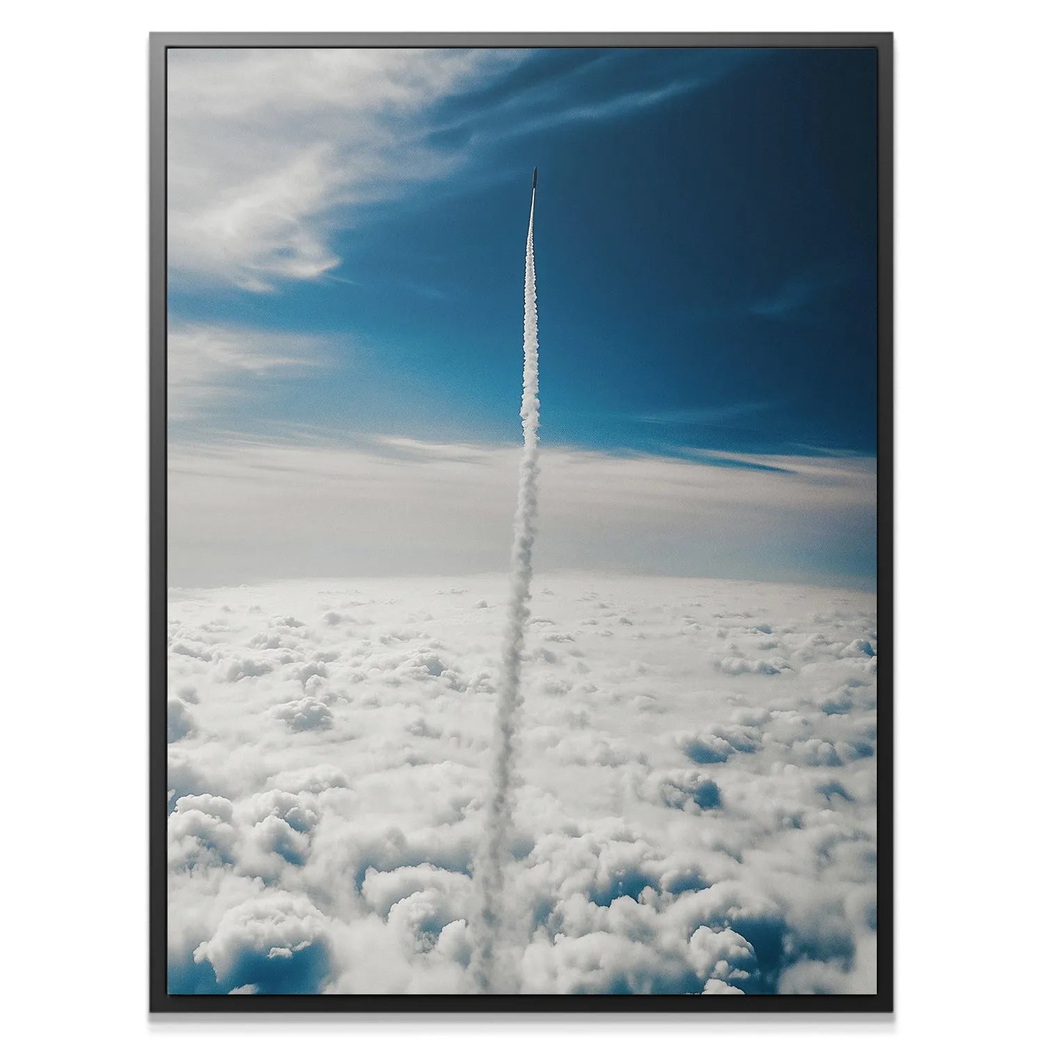 Dramatic close-up of the vapor trail originating from the 'Escape Velocity' rocket print.