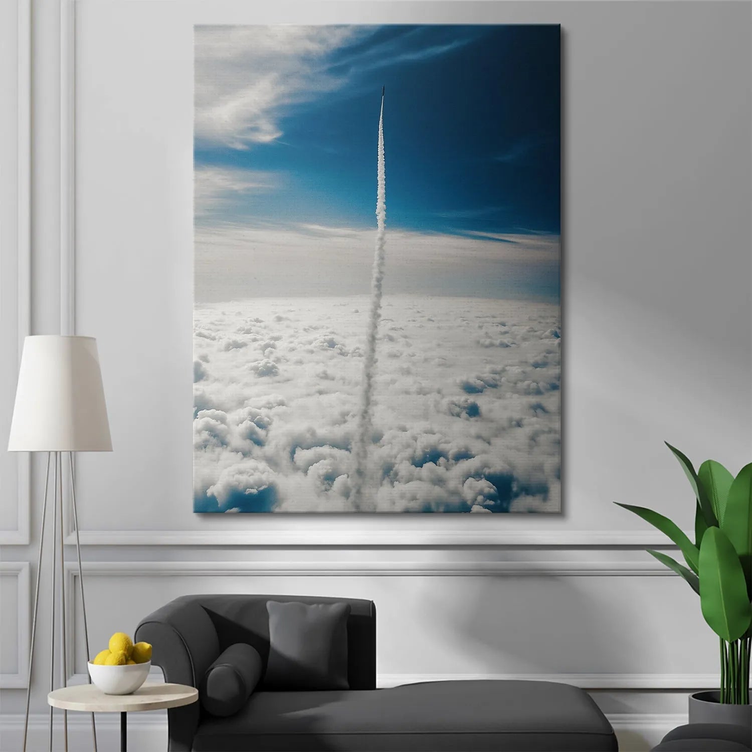 Textured canvas depiction of the deep blue stratosphere in the 'Escape Velocity' photograph.