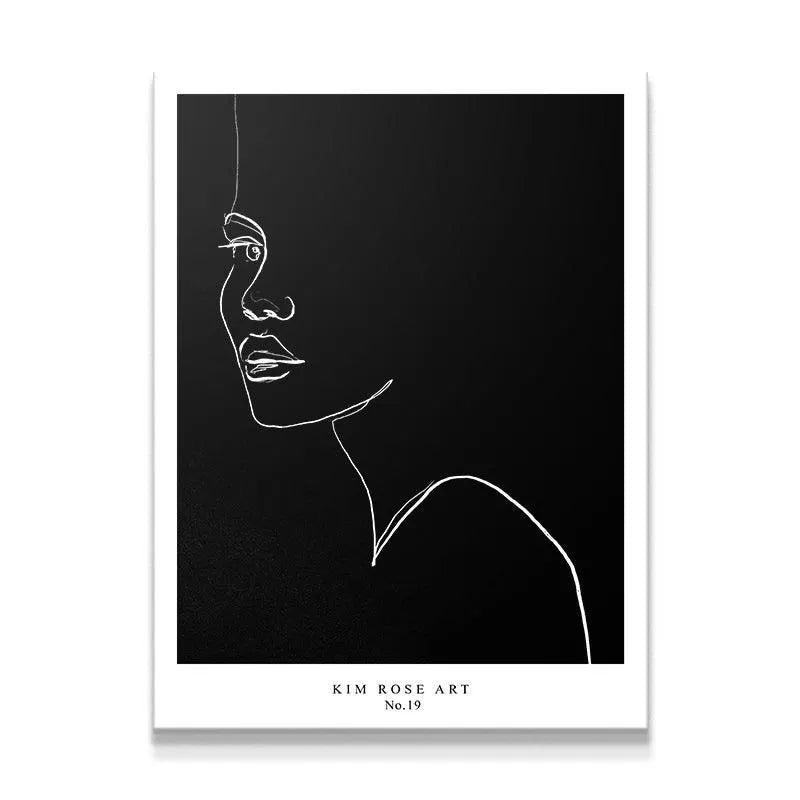 Full view of Estella - Black minimalist profile line art print on black background.