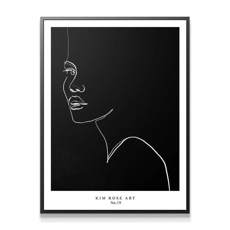 Close-up detail of the white line profile lips and chin of the Estella - Black poster.