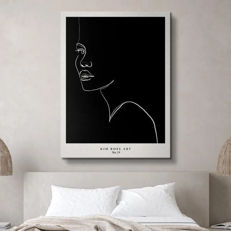 Side angle view of the elegant single line silhouette artwork Estella - Black.