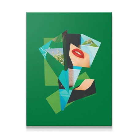 Close-up shot of the striking red lips detail in the Ever Green abstract collage.