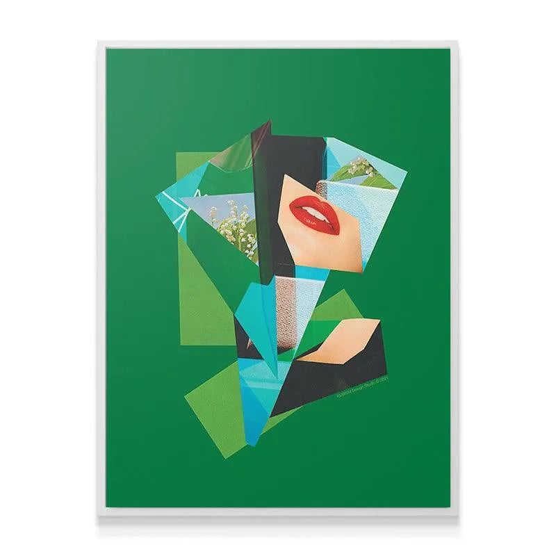 Textured detail of the collage paper fragments and varied greens in the Ever Green print.