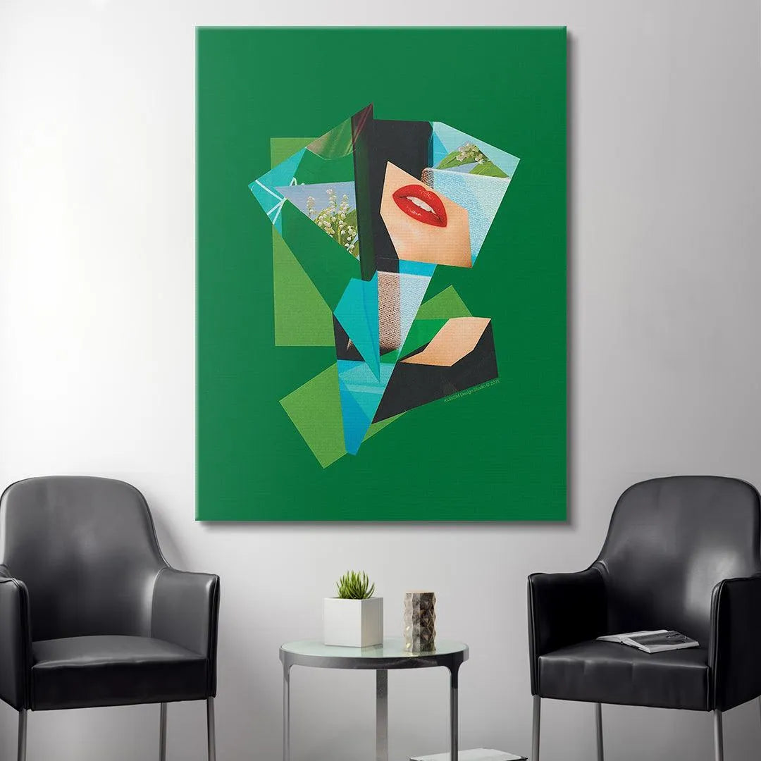 Lifestyle shot of the Ever Green art hanging above a minimalist sofa in a modern room setting.
