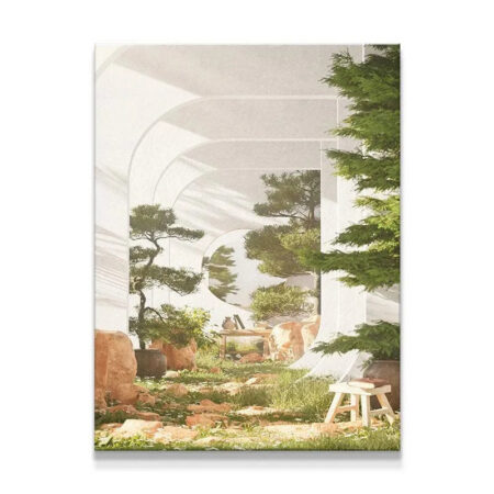 Wide shot of the architectural arches framing the 'Evergreen Garden' interior sanctuary print.