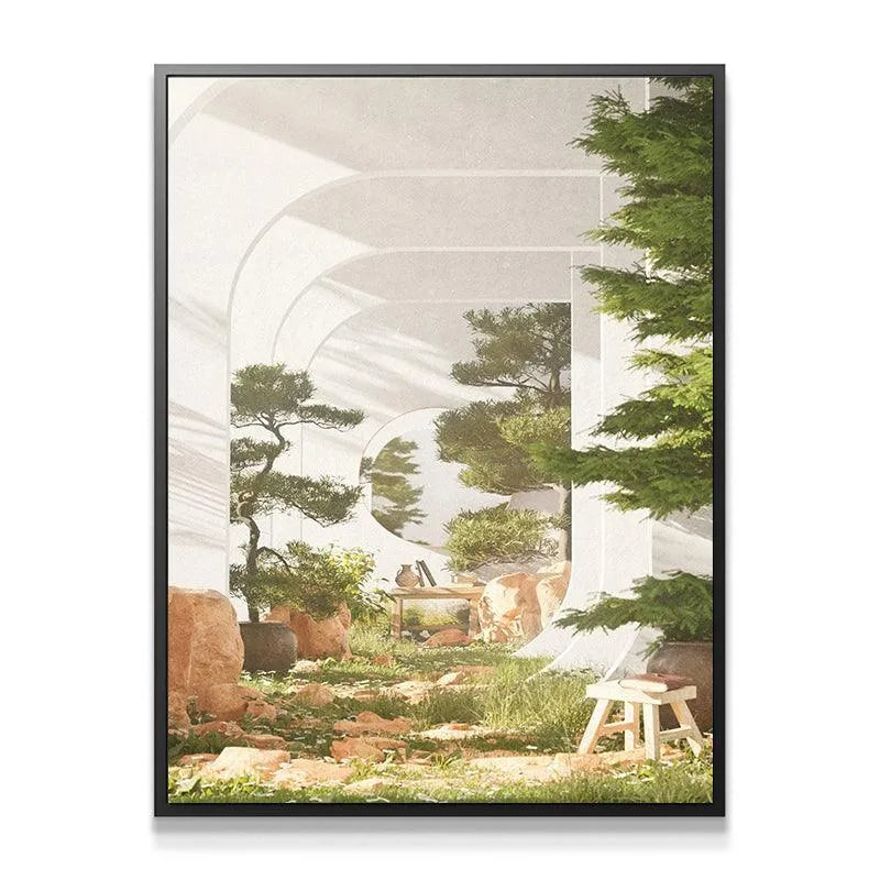 Close-up of the textured white walls and sharp shadow lines in the 'Evergreen Garden' artwork.