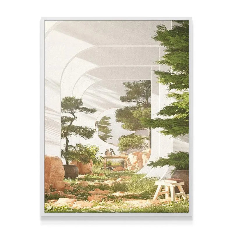 Detailed view of the small white stool and potted bonsai in the foreground of the 'Evergreen Garden' scene.