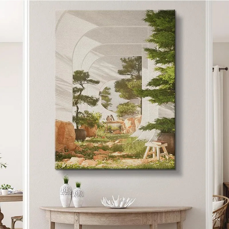 Focus on the large terracotta rocks bordering the central clearing of the 'Evergreen Garden' digital painting.
