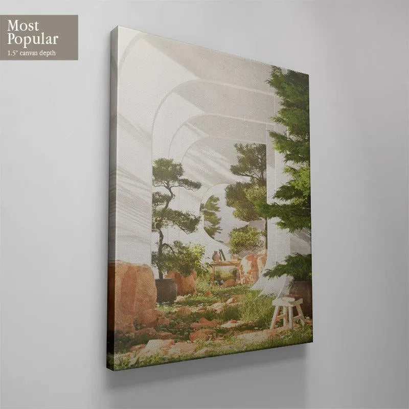 High-resolution detail capturing the intricate green foliage and pine needles in the 'Evergreen Garden' design.