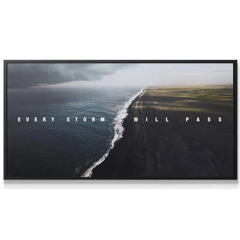 Close-up texture of dark ocean waves meeting shore with the uplifting text Every Storm Will Pass.