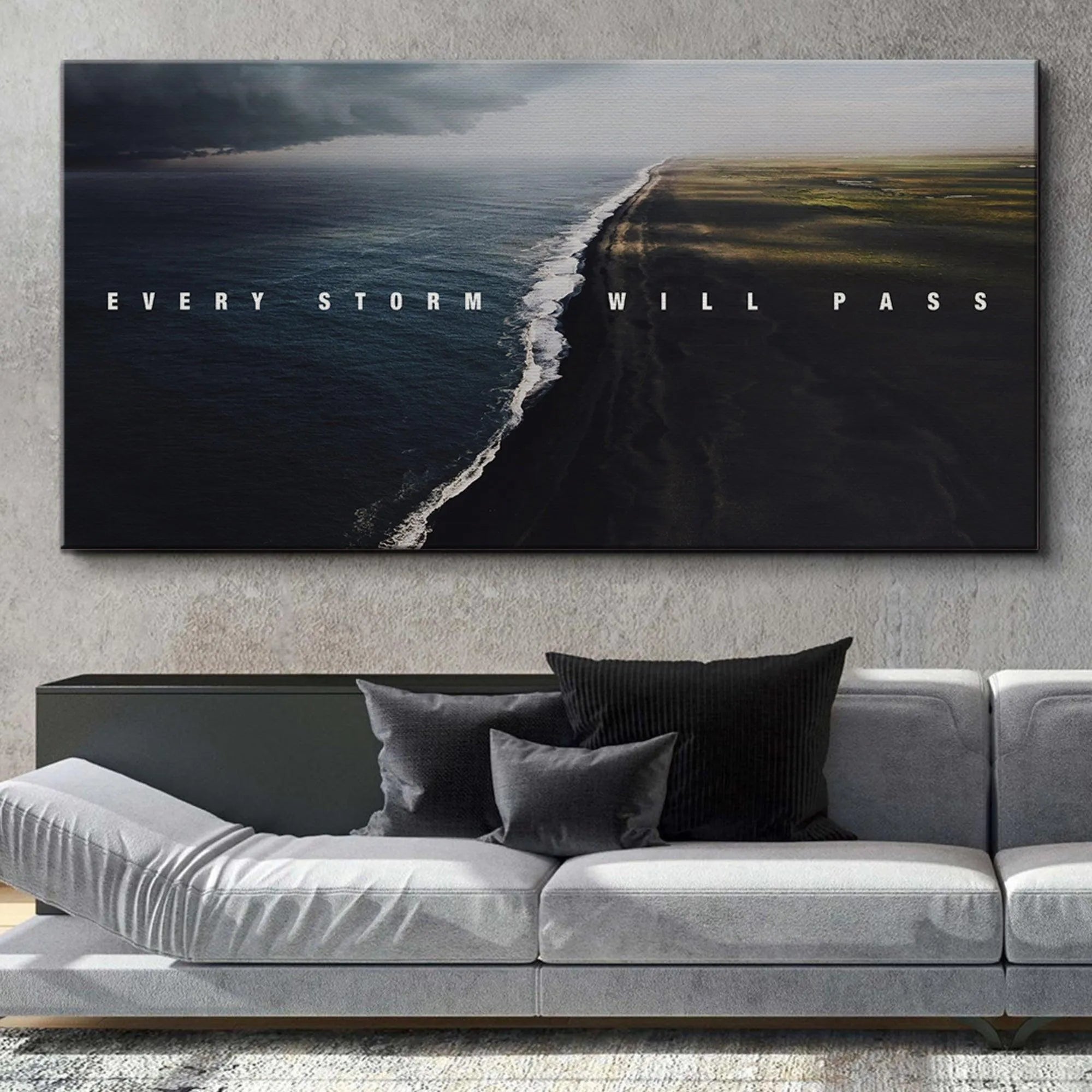 Inspirational landscape artwork illustrating natural contrast and the profound statement Every Storm Will Pass.
