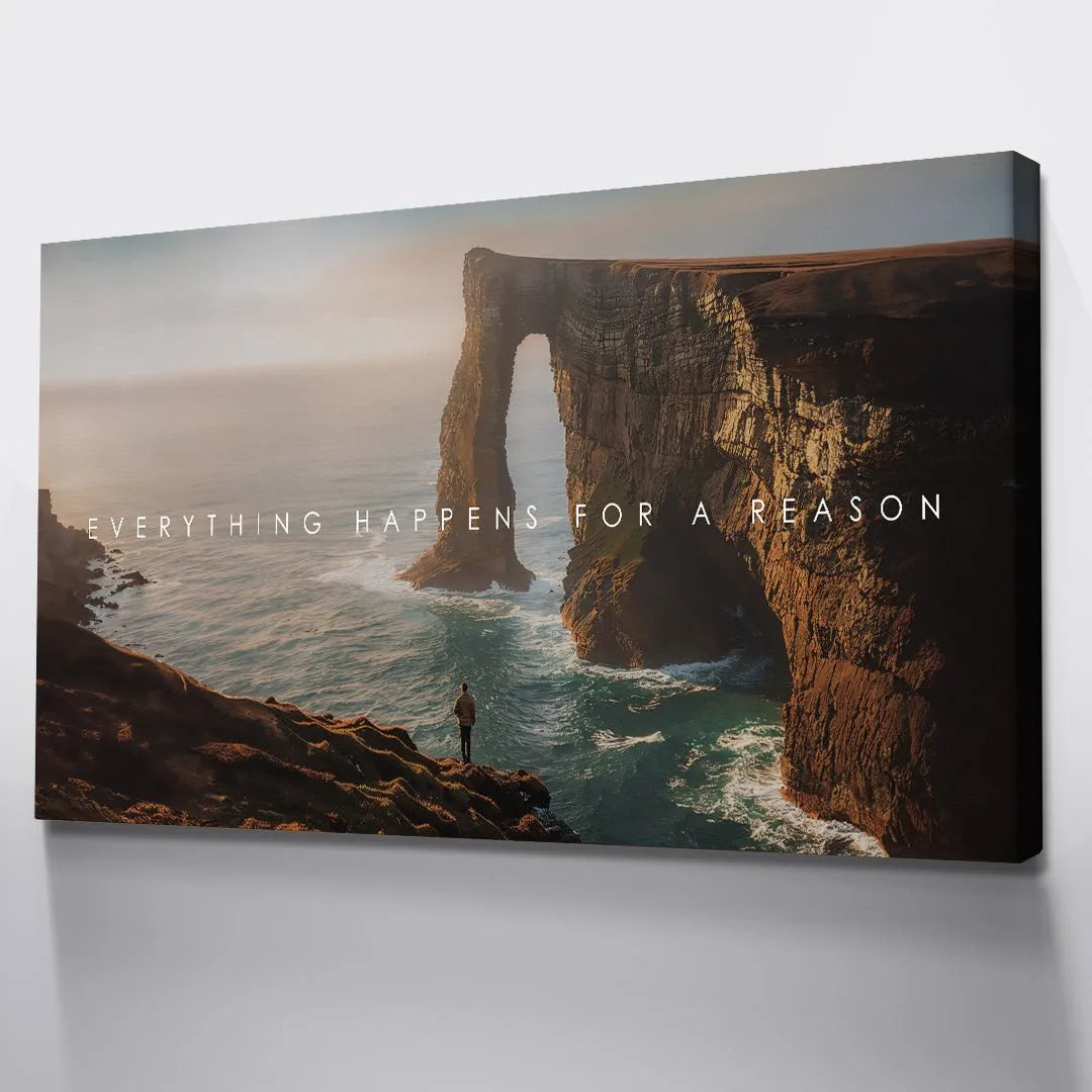 Corner view showcasing the premium canvas wrapping technique of the inspirational print Everything Happens For A Reason for durability.