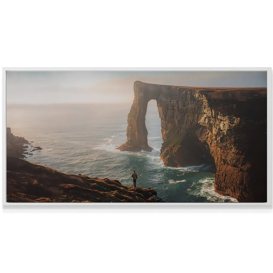 Lifestyle view of the panoramic coastal print hung above a modern living room sofa: Everything Happens For A Reason (No Quote).