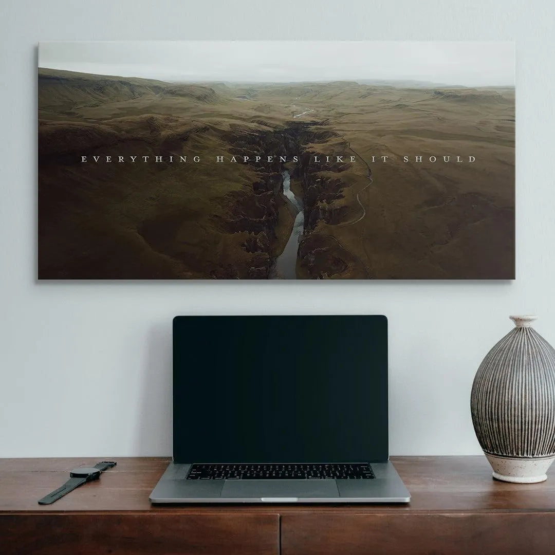 Detail of the canyon wall texture on the print, emphasizing the philosophical phrase, "Everything Happens Like It Should."