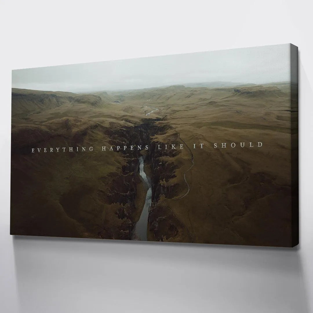 The inspiring mantra "Everything Happens Like It Should" overlaid on the central flow of the winding river.