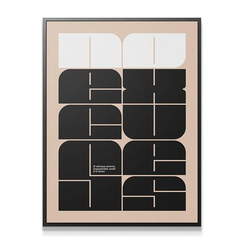 Close-up detail shot of the crisp white lines intersecting the black shapes on the 'Excuses' poster.