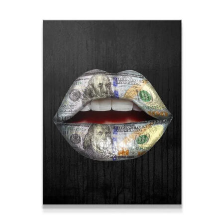 Frontal view of 'Expensive Taste' canvas featuring $100 bill detailed lips art.