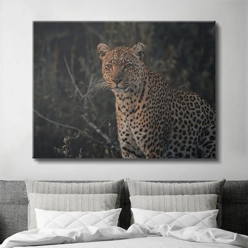 Three-quarter view of the majestic leopard artwork, focused on the intense, direct look of 'Eyes of Beauty'.